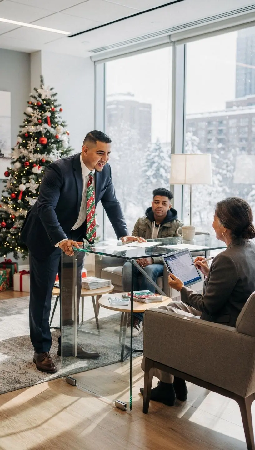 Автомобиль, покрытый снегом, на фоне офиса страховой компании в зимний сезон